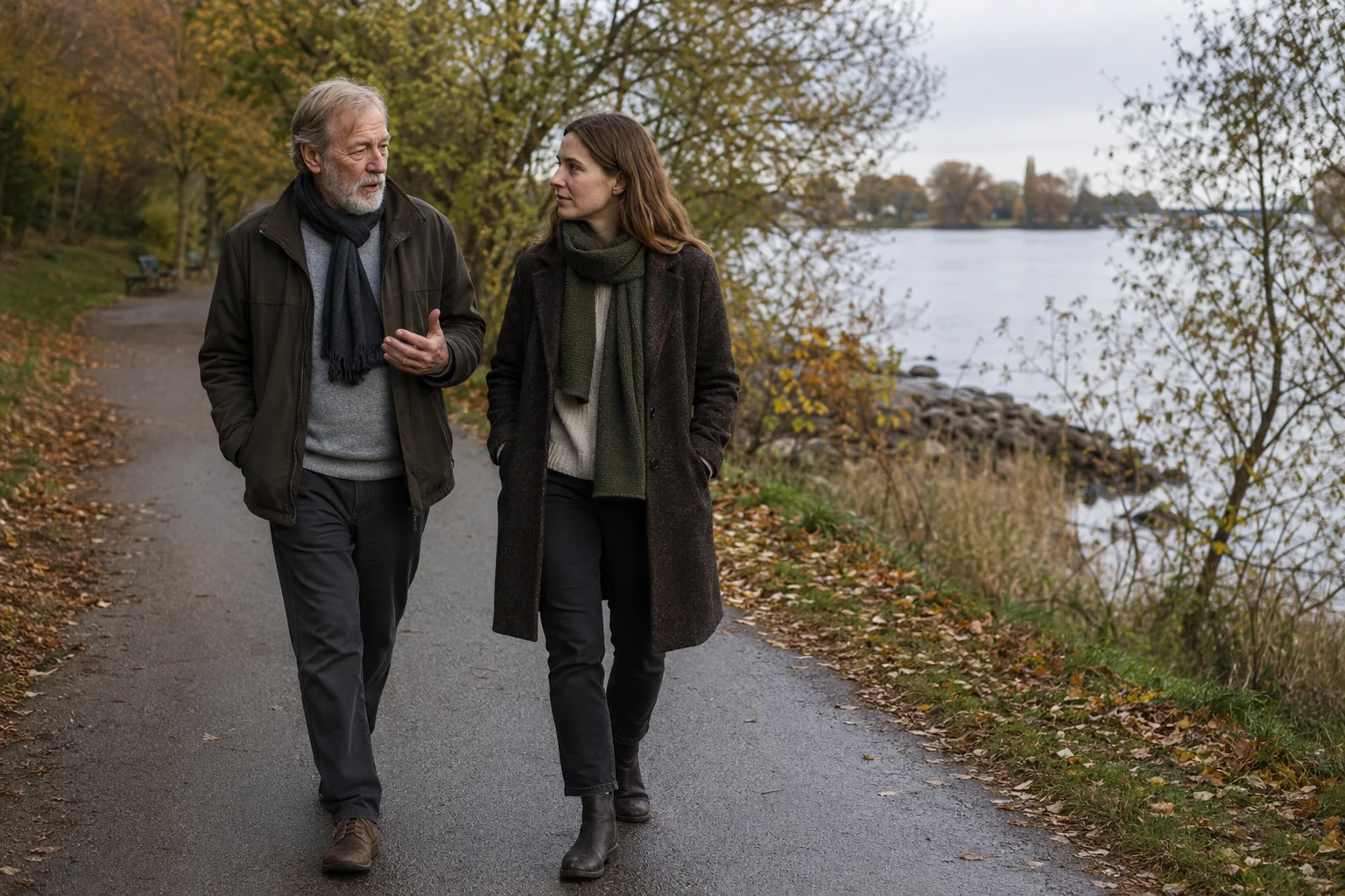 Eine erwachsene Tochter hört ihrem Vater bei einem Spaziergang aufmerksam zu
