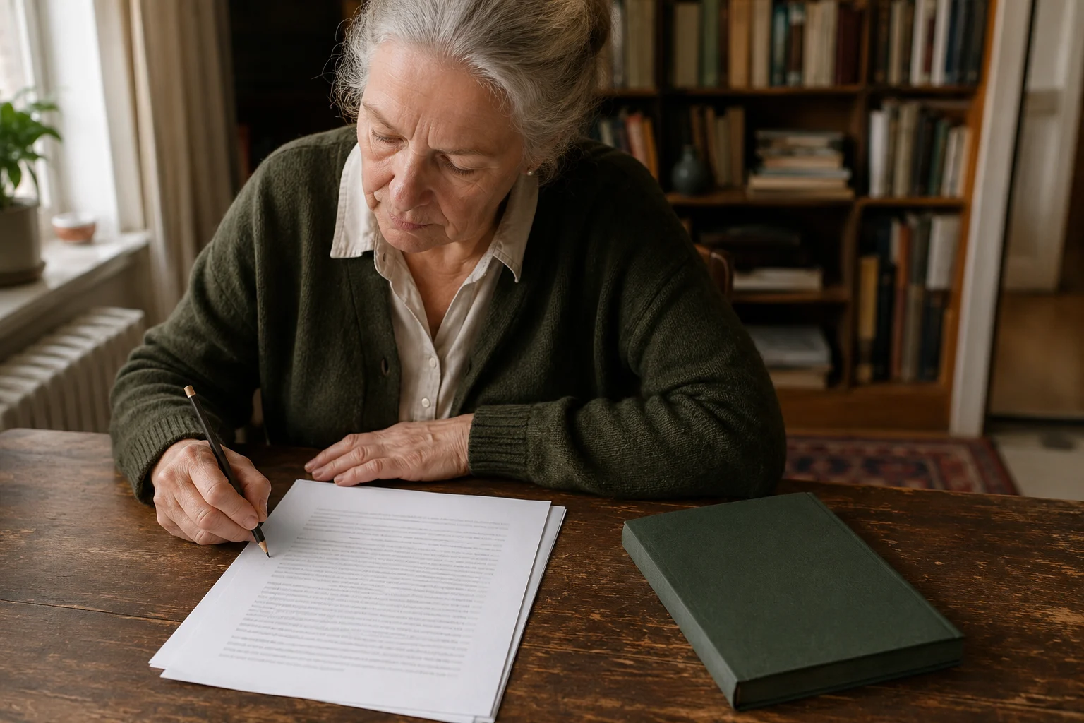 Eine ältere Frau prüft einen ausgedruckten Biografieentwurf und notiert eine Korrektur